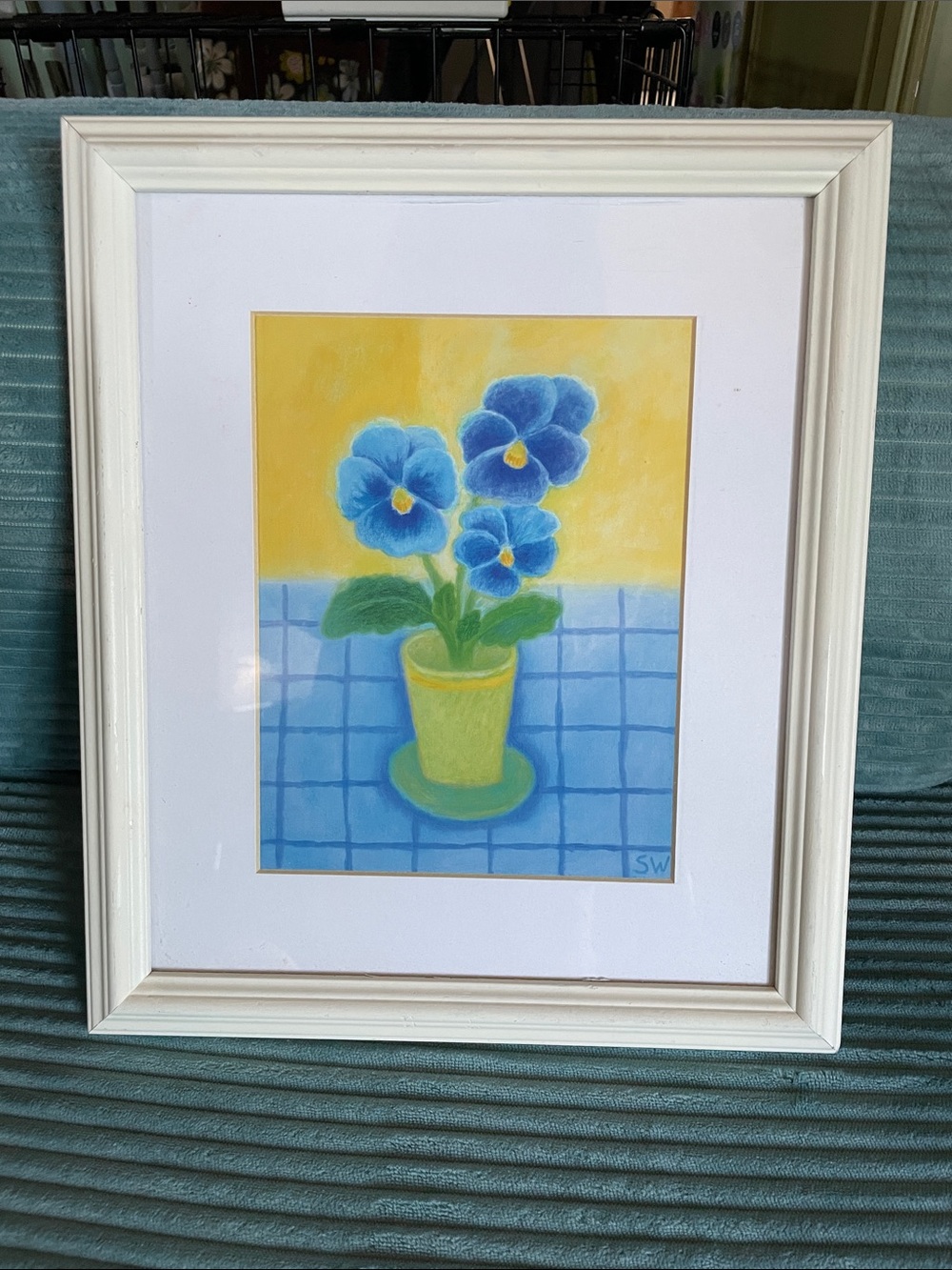 “Three Pansies” framed artwork by Sue Williams
 (11 3/4” x 13 3/4”)